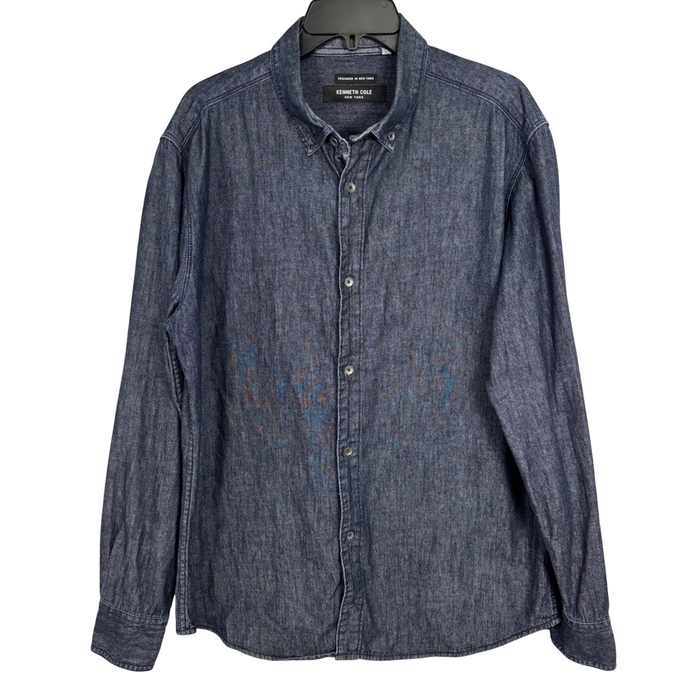 Kenneth Cole‎ New York Men's Button Down Shirt Dark Blue Denim Long Sleeve L